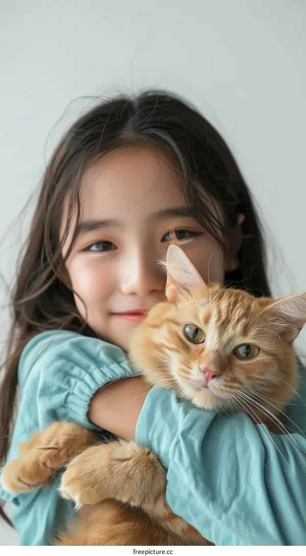 Little Asian girl hugging an orange cat