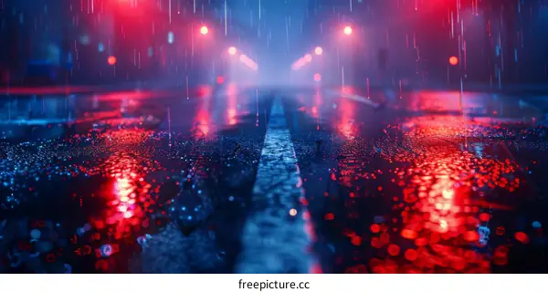 City street with red and blue neon lights reflecting off wet asphalt after rain
