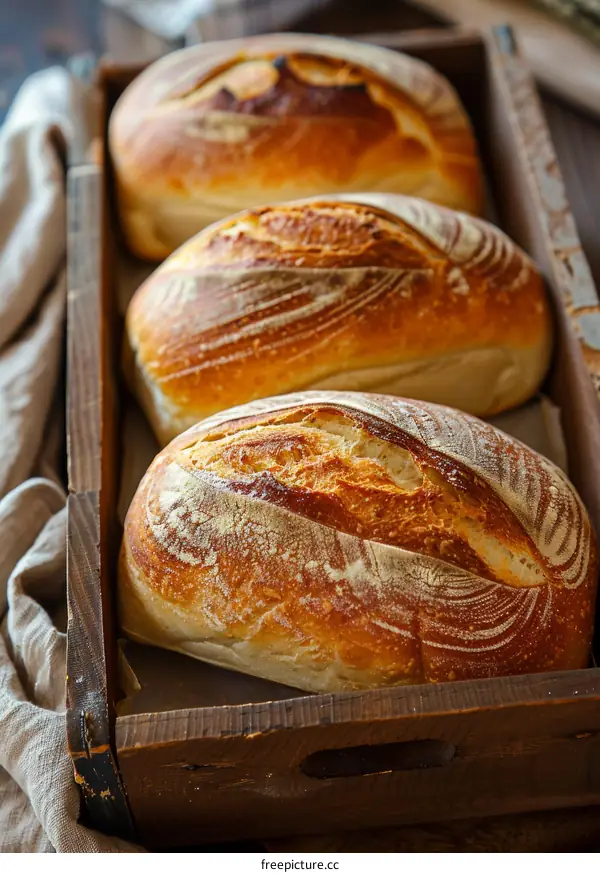 Artisan Bread Loaves in Wooden Box