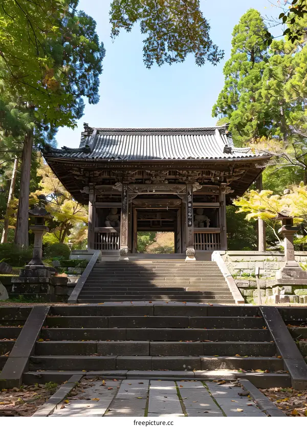 Ancient Japanese temple with stone stairs and trees
