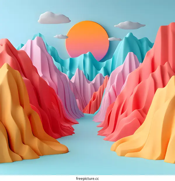 3D rendering of a colorful canyon landscape with a setting sun and clouds