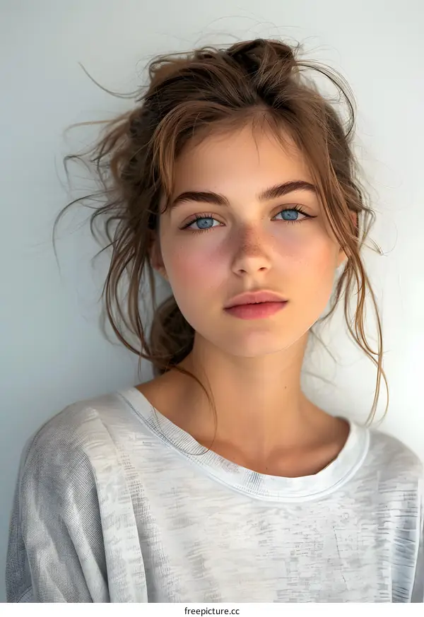 portrait of a young woman with freckles and blue eyes