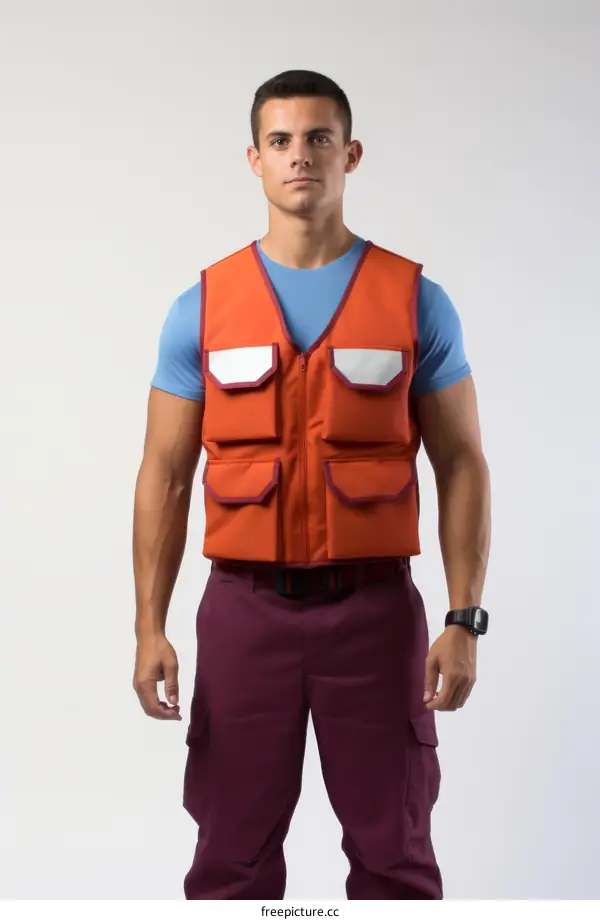 man wearing an orange vest and maroon pants