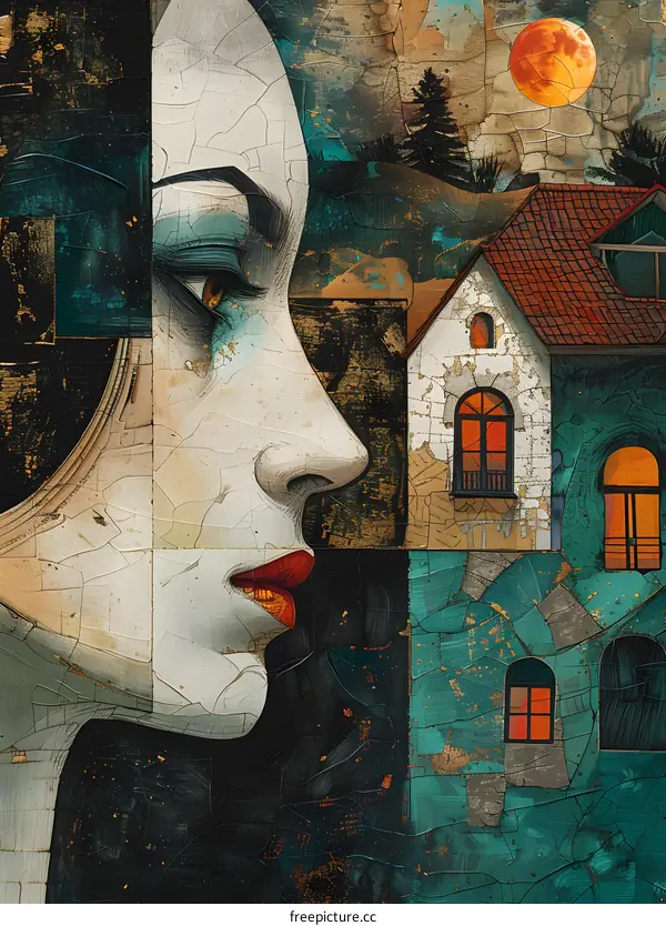 Collage Portrait of Woman with a View of a House and a Full Moon