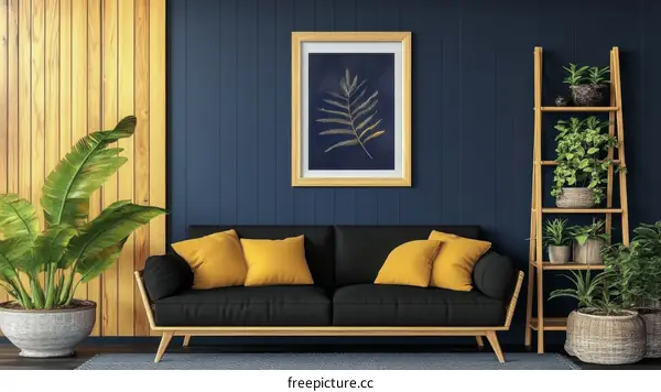 Modern Living Room with Dark Blue Walls and Wooden Accents