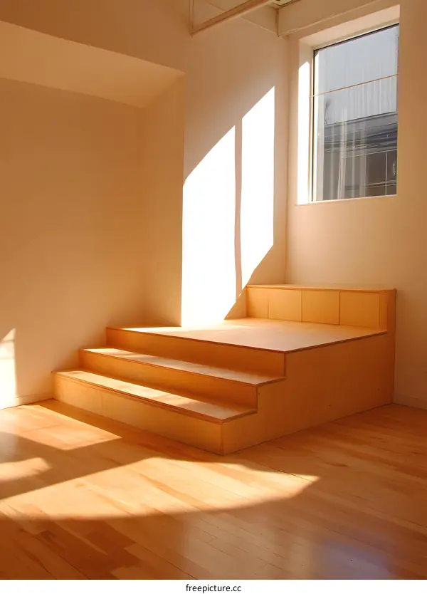 Sunlight Streaming Through Window Illuminates Wooden Steps in Minimalist Interior