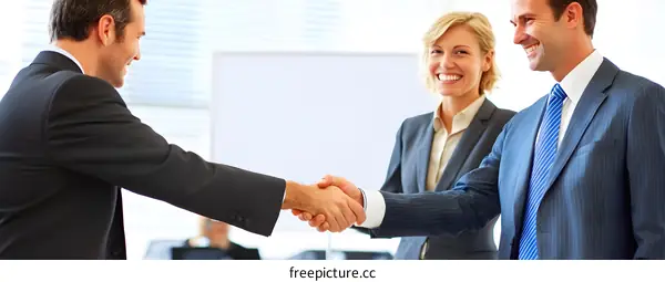 Businessmen shaking hands with a smiling woman in the background