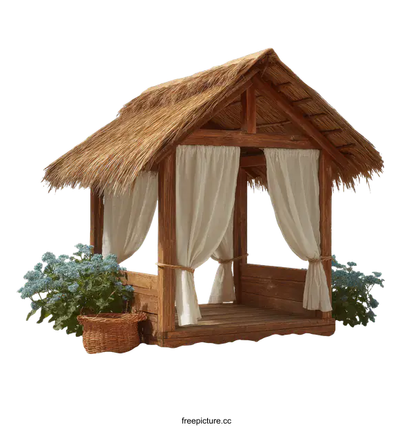 [Transparent Background PNG]Wooden Beach Hut with Straw Roof and Curtains