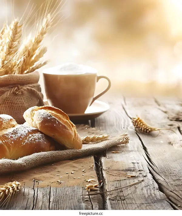 Close Up Of A Cup Of Coffee And Pastries On A Wooden Table