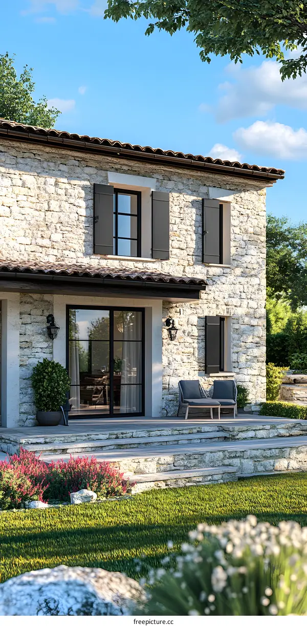 Stone House Exterior with Black Shutters and Patio