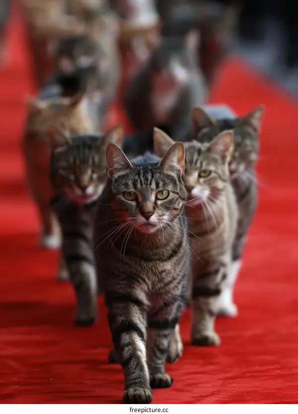 A group of cats walking on a red carpet