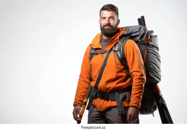 portrait of a male backpacker with a big backpack