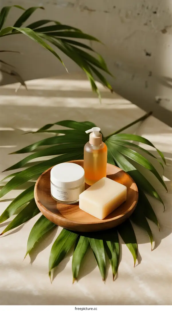 Organic Skincare Products with Natural Ingredients on Wooden Plate