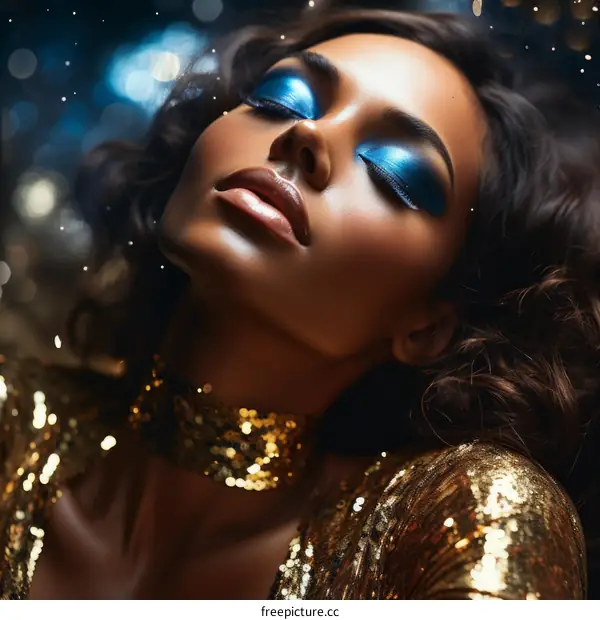 Beautiful woman with blue eyeshadow and exquisite jewelry