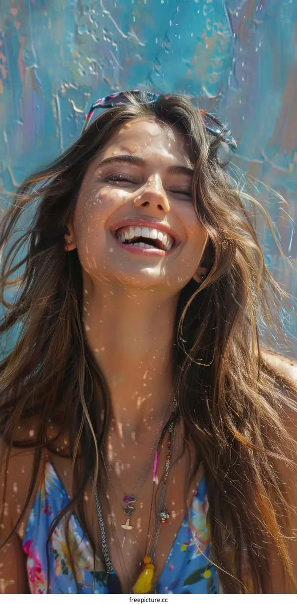 Smiling Woman Outdoors in Floral Swimsuit