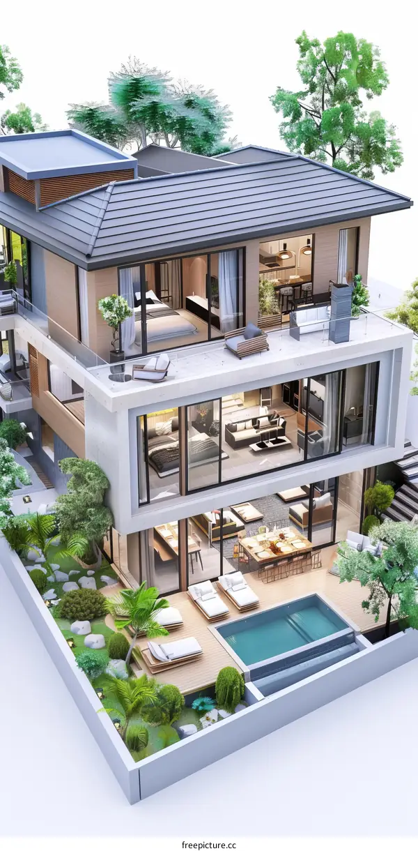 Modern Architectural Design of a Multi-story House with Garden