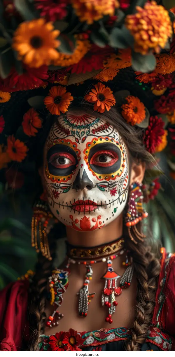 A young woman wearing a traditional Mexican headdress and face paint for the Day of the Dead celebration