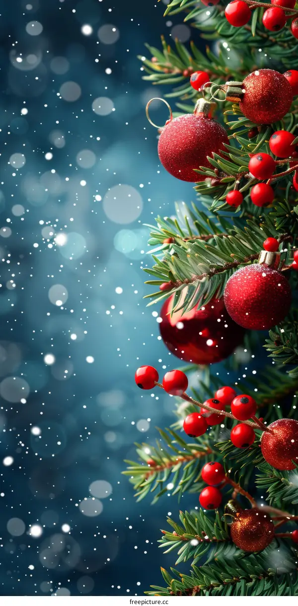 Christmas Tree Decorated with Red Ornaments and Holly Berries