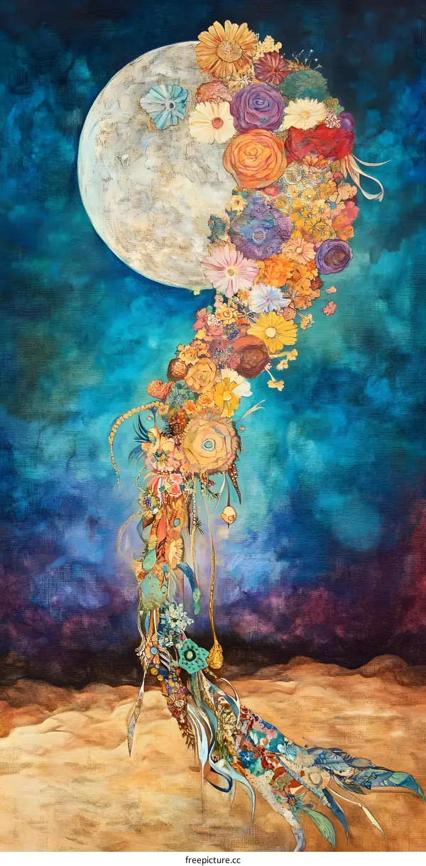 Moon with Flower Illustration Watercolor Painting