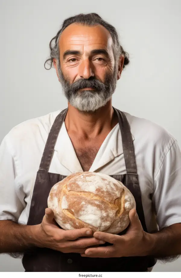 Bearded man in apron holding a loaf of bread