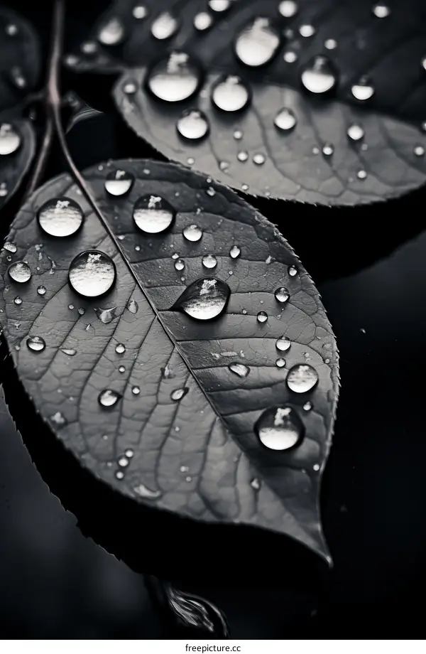 Black and white leaf with water drops