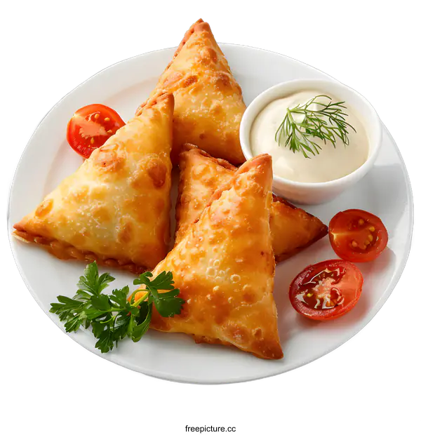 [Transparent Background PNG]Samosas with yogurt sauce