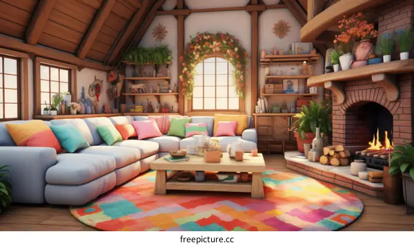 Cozy living room interior with sofa, fireplace and colorful rug