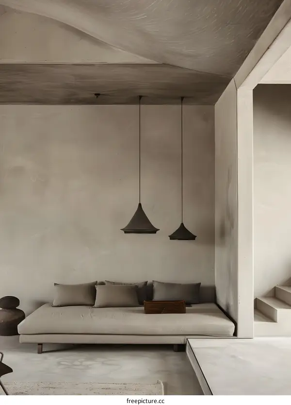 Minimalist Concrete Interior Design with Hanging Lamps and Sofa