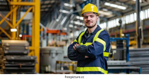 Portrait of a male factory worker wearing a hard hat and safety vest