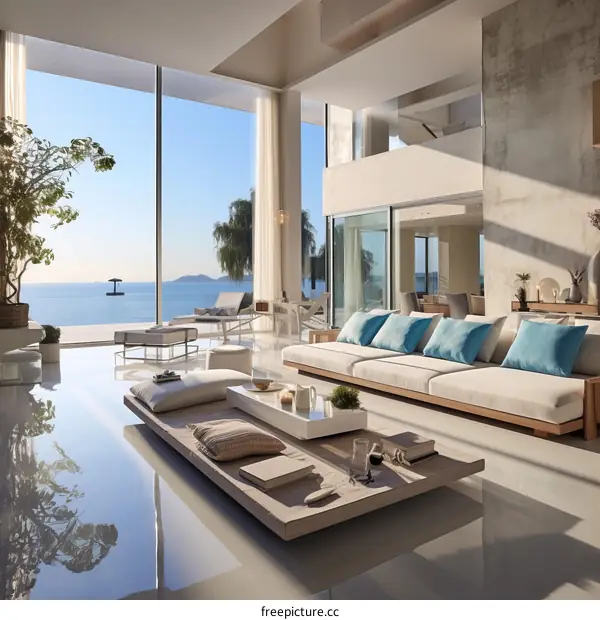Modern Minimalist Living Room with Sea View and Large Windows