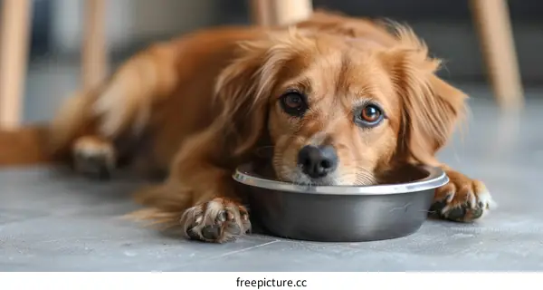 A cute brown dog is lying on the floor with a metal bowl in front of it