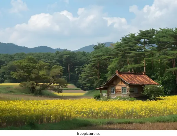 Small wooden house in a field of yellow flowers with forest and mountains in the background