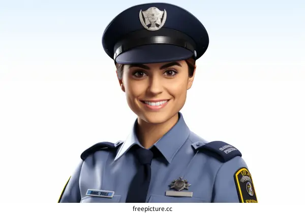 A policewoman with a friendly smile is wearing a blue uniform and a cap.