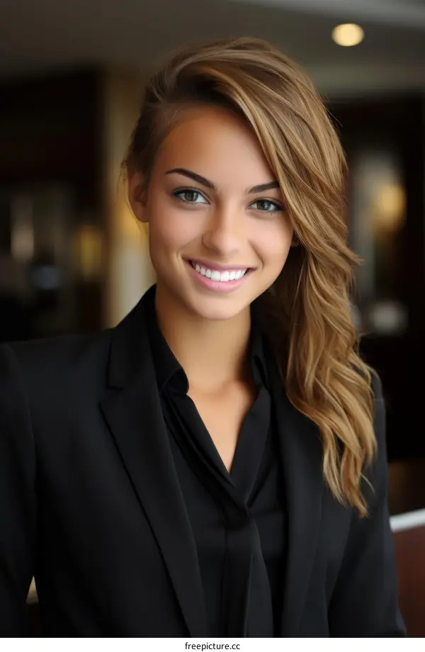 Beautiful young woman with brown hair and green eyes wearing a black suit