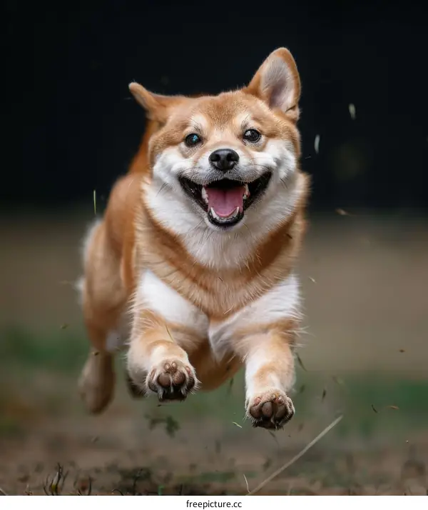 A happy Shiba Inu running in mid-air