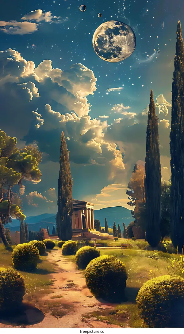 Fantasy Landscape with Temple and Moon