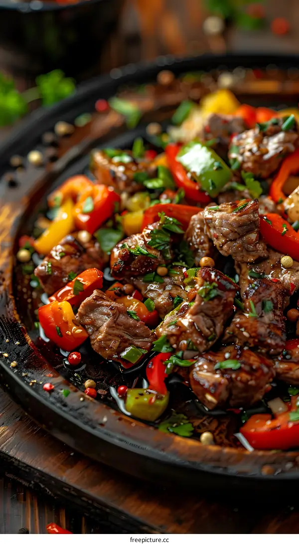 Beef steak with bell peppers and spices on a hot plate