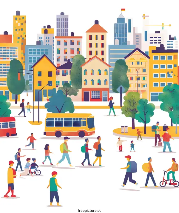 Cityscape Illustration with People Walking on a Street with Buildings and Trees