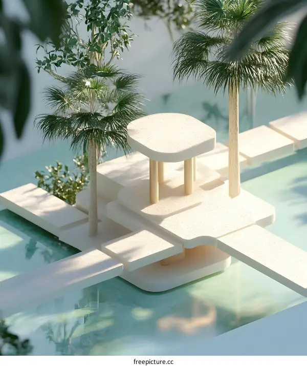 Minimalist 3D Render of a Tropical Island with a White Pavilion