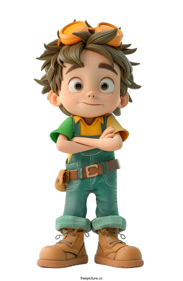 [Transparent Background PNG]3D Cartoon Boy with Goggles and Overalls