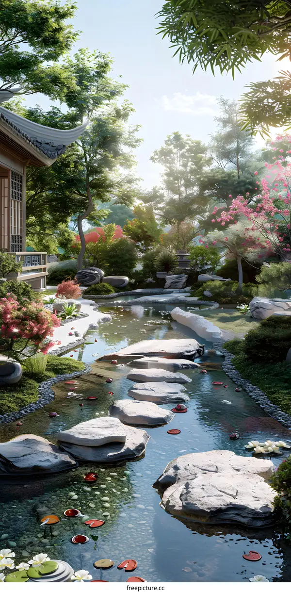 Stepping stones in a Zen garden with a small stream and red maple trees