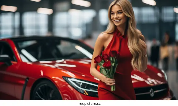 Blond Woman in Red Dress and Ferrari