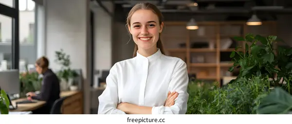 Smiling Young Businesswoman In Office With Plants