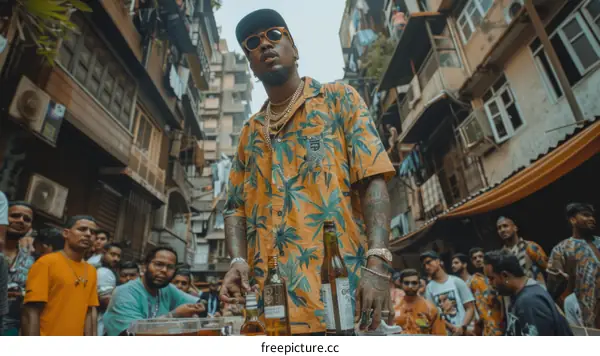 Indian men in a narrow street with a building in the background