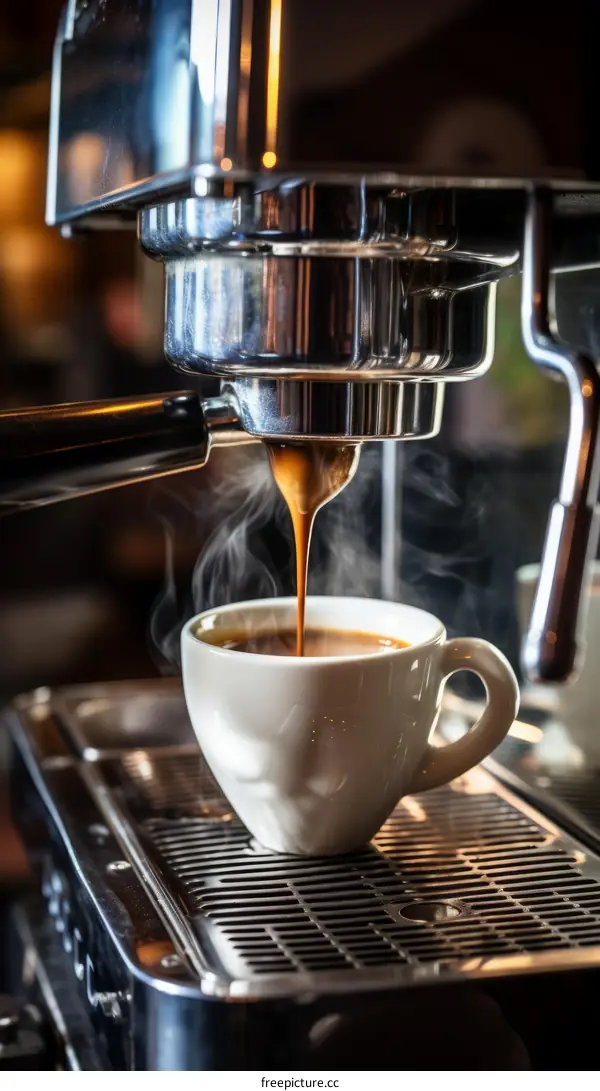 Espresso machine making coffee in a white cup
