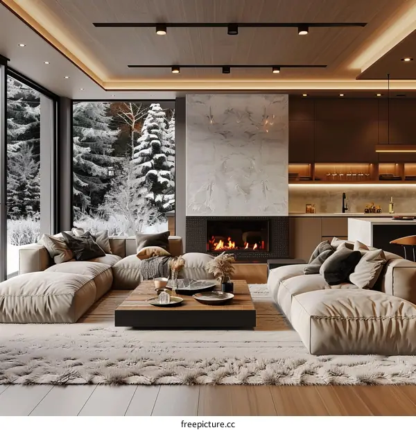 Modern Minimalist Living Room with Fireplace and Large Windows