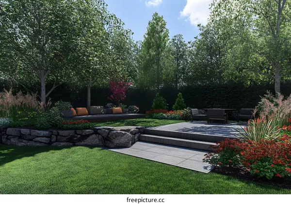 Backyard Garden Landscape Design with Stone Wall and Patio