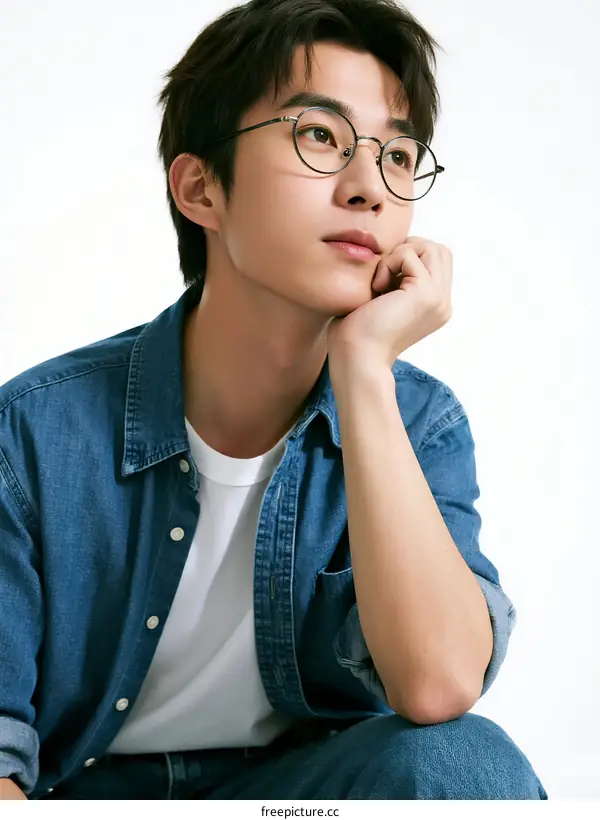 Young man wearing glasses and casual clothes looking thoughtful