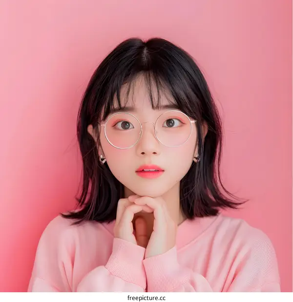 Young Asian Woman Wearing Glasses and Pink Sweater