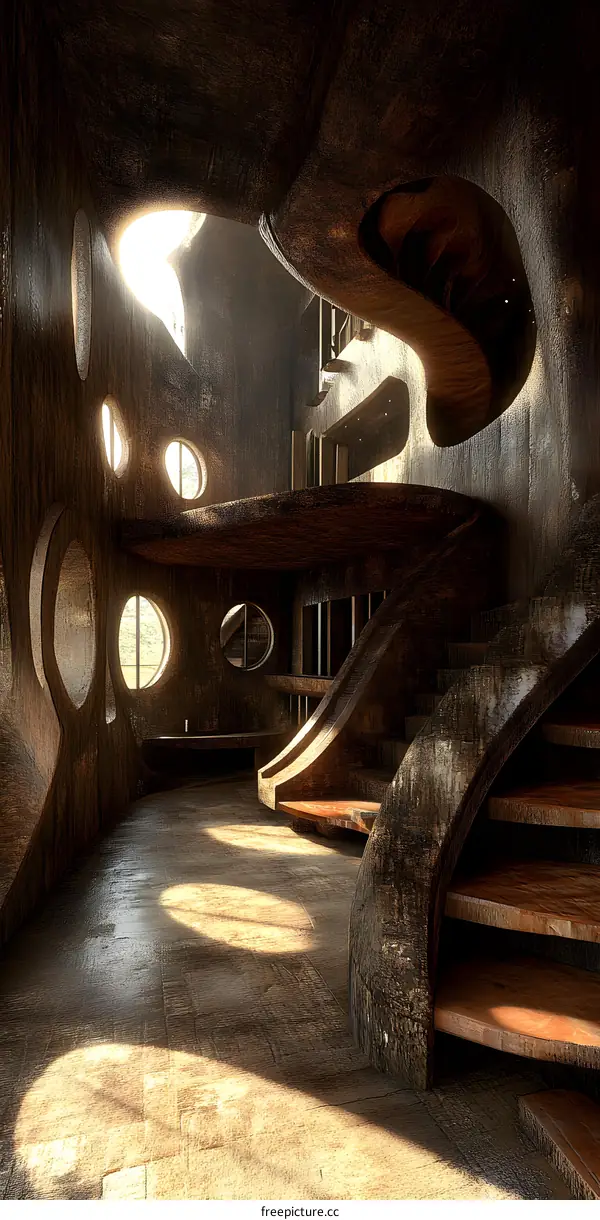 Modern Interior Design with Curved Wooden Walls and Circular Windows